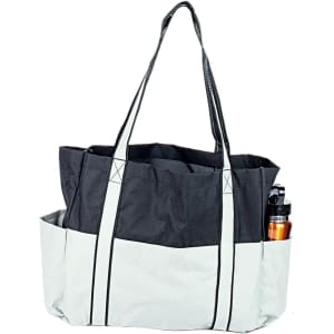 A large black and grey tote bag with sturdy handles, featuring multiple pockets and a drink bottle holder.