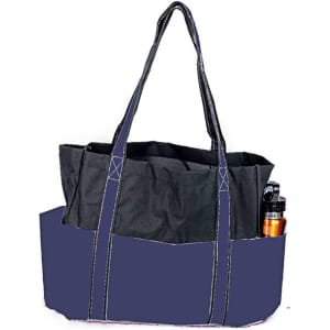 A black and navy tote bag with two handles and an exterior pocket holding a drink bottle. It has a logo.