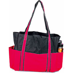 A black and red bag with multiple pockets and straps, featuring a drink bottle in one of the side pockets.