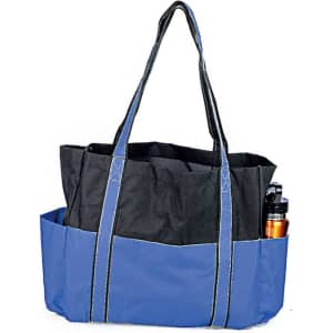 A black and blue tote bag with two handles, featuring an external pocket containing a drink bottle.