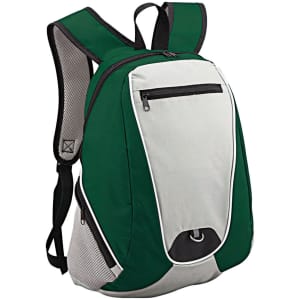 A backpack featuring a green and grey design, with padded straps and a front zip pocket. It has a logo on the front.