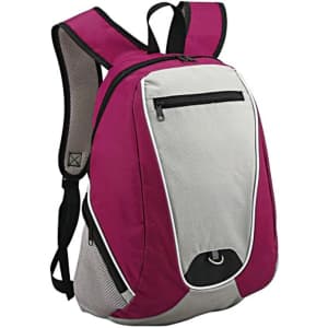 A backpack in purple and grey with multiple compartments and a logo on the front.