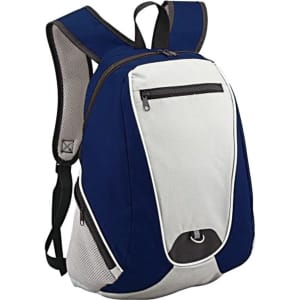 A backpack featuring a combination of navy blue and white colours, with adjustable straps and multiple compartments.
