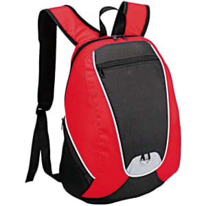 A backpack featuring a black body with red accents and a front zip pocket. It has adjustable black straps and a simple design.