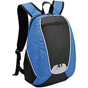 A backpack featuring black and blue panels, with adjustable straps and a front zip pocket. It includes a logo.