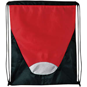 A drawstring bag featuring a red and black design with a white accent at the bottom. It has black cords for carrying.