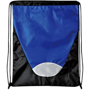 A drawstring backpack in blue and black, featuring a grey accent at the bottom and black cord straps.