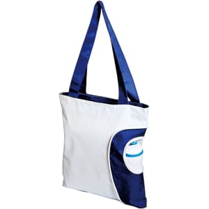 A reusable grocery bag in white and navy with a pocket for a drink bottle and a logo.