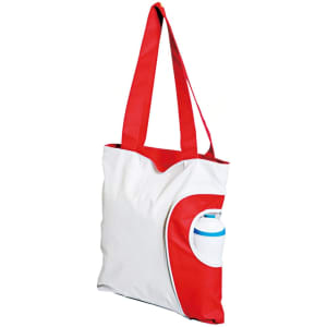 A reusable grocery bag in red and white with a side pocket for a drink bottle and a logo.