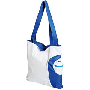 A reusable grocery bag in white with a blue accent and a side pocket for a drink bottle. Features a logo.