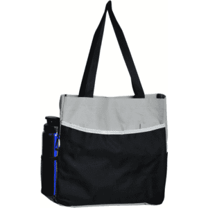A tote bag featuring a grey and black design with long black straps and a side pocket for a drink bottle.