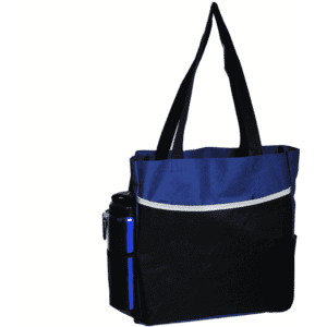 A black and blue tote bag with a side pocket, featuring a drink bottle. The bag has two long handles.