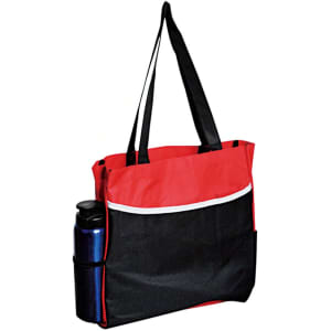 A tote bag in red and black with a side pocket holding a blue drink bottle. The bag features black straps.