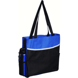 A drink bottle is tucked into a blue and black tote bag with two black straps and a front pocket.