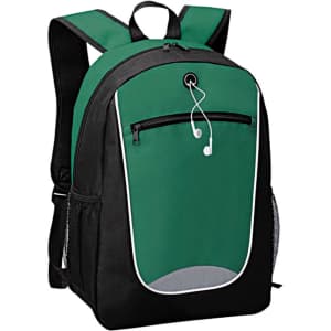 A green and black backpack featuring a front zipper pocket and headphone access, made from durable fabric.