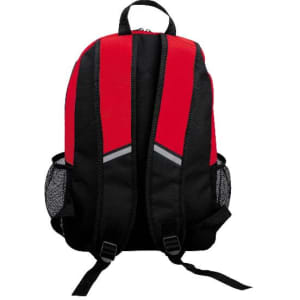 A backpack featuring a red and black design, with padded straps and mesh side pockets. It includes a logo.