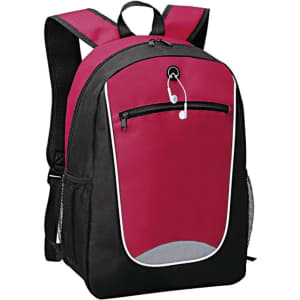 A backpack in maroon and black with a front zip pocket and mesh side pockets. It features a logo on the front.