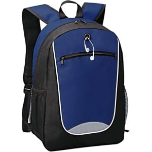 A backpack featuring a blue front panel with black accents and a logo. It has adjustable straps and a zippered pocket.