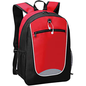 A red and black backpack featuring a front zip pocket and mesh side pockets, complete with headphone access.