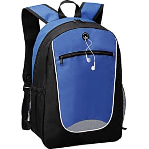A backpack featuring a blue front panel and black sides, with a headphone port and mesh side pockets.