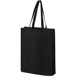 A black non-woven tote bag with two straps and a simple design, featuring a logo.
