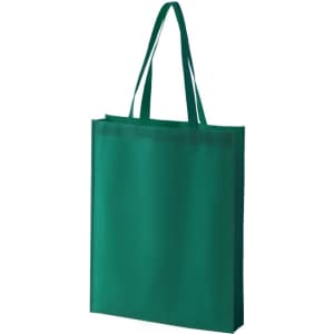 A green non-woven tote bag with two handles and a simple design. It features a logo on one side.