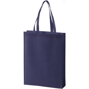 A navy blue non-woven tote bag with sturdy handles and a simple design, featuring a logo on one side.