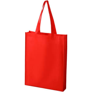 A red non-woven tote bag with two handles and a simple design, featuring a logo.