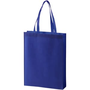 A blue non-woven tote bag with two handles and a simple design. It features a logo on the front.