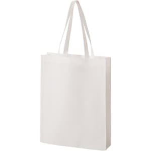 A white non-woven tote bag with two handle straps and a simple design. It has a logo on one side.
