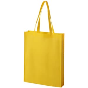 A yellow non-woven tote bag with two shoulder straps and a simple design, featuring a logo.