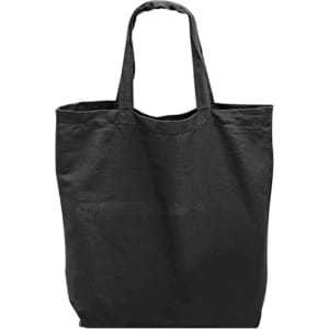 A tote bag in black fabric with two handles, suitable for carrying various items.