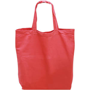 A tote bag in a vibrant coral colour with two handles and a simple design. It features a logo.