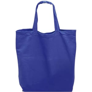 A blue tote bag with two handles, made from a sturdy material. It has no visible branding or text.