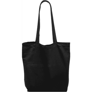 A black tote bag with two long handles, featuring a simple design and a spacious interior.