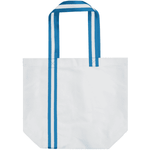 A white tote bag with blue striped handles, featuring a simple and practical design.