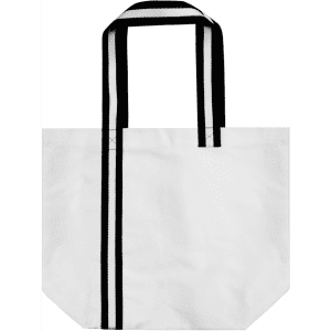 A tote bag in white with black striped handles, featuring a simple design and ample storage space.