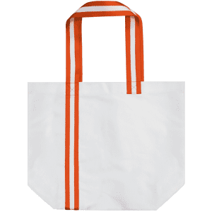A tote bag in white with bold orange striped handles. It has a spacious design and a simple aesthetic.