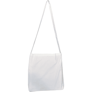 A white tote bag with a long strap and a simple design, featuring no visible logos or embellishments.