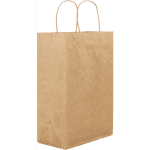A plain brown paper bag with two handles, made from kraft paper.