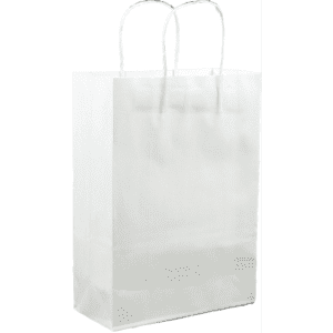 A white paper bag with handles, featuring a simple design and a sturdy construction.