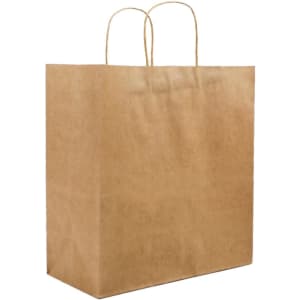 A brown paper bag with two handles, featuring a plain surface and a rectangular shape.