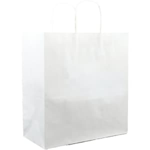 A white paper bag with two handles, featuring a plain and smooth surface.