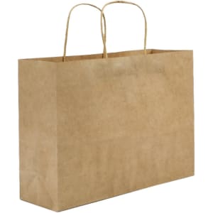 A brown paper shopping bag with two handles, featuring a plain design and no visible logos.