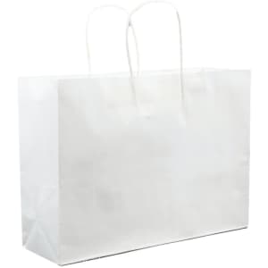 A large white paper shopping bag with two handles, designed for carrying items.