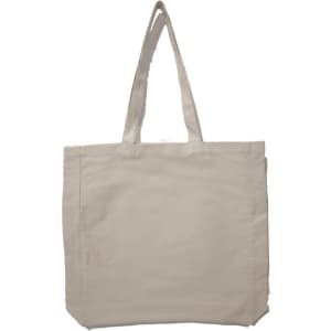 A tote bag in a light beige colour with two sturdy handles and a spacious design. It features a plain surface.