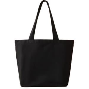 A tote bag in black colour with two straps and a simple design. Features branding on one side.