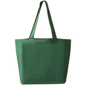 A green tote bag with two handles, featuring a simple design and no visible logos or branding.