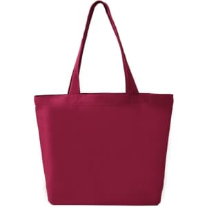 A maroon tote bag with two sturdy handles and a spacious opening, featuring a simple design.