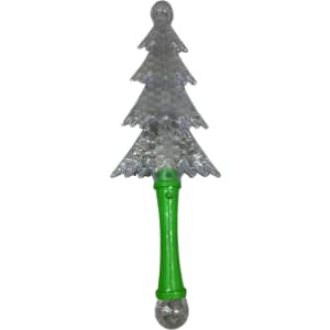 A light-up wand toy in the shape of a Christmas tree, featuring a green handle and a glittery silver tree top.